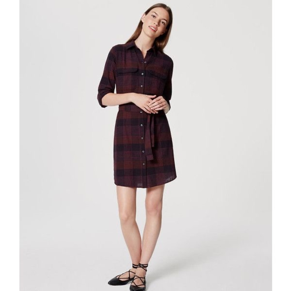 LOFT plaid tie waist shirt dress